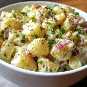 instant pot potato salad in a white bowl with eggs and herbs