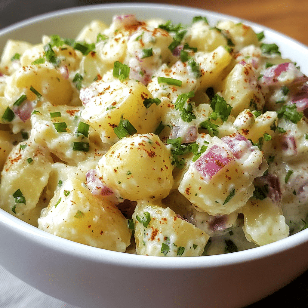 instant pot potato salad in a white bowl with eggs and herbs