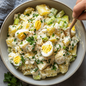 mixing dressing into instant pot potato salad in a white bowl