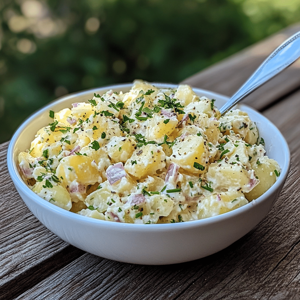bowl of instant pot potato salad with herbs and serving spoon