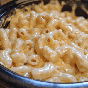 Slow cooker mac and cheese mid-cooking stage