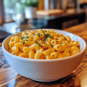 Slow cooker mac and cheese served in a white bowl