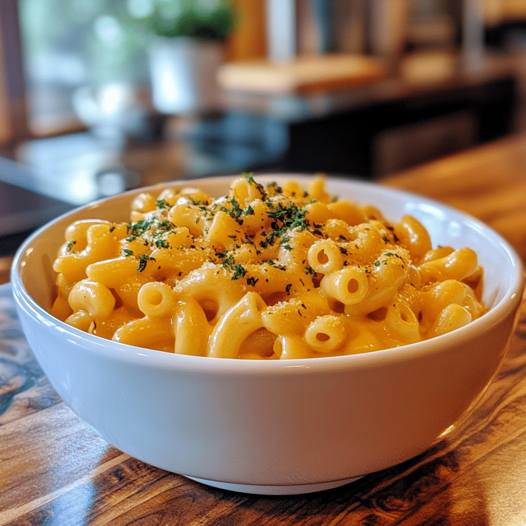 Slow cooker mac and cheese served in a white bowl